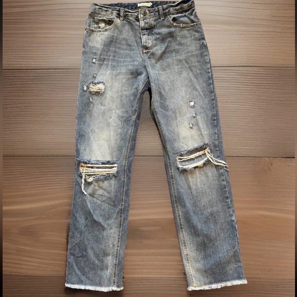 AVEC LES FILLES Jeans Womens Size 28 Light Blue Wash Distressed Baggy Button Fly